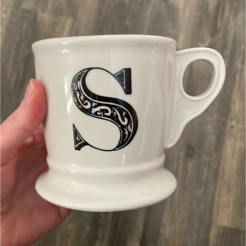Anthropologie “S” Monogram Coffee Mug Retro Shave Style